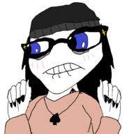 anime bbc beanie biting_lip blue_eyes blush clothes dust female glasses hair painted_nails soyjak spade tattoo variant:soytan // 1000x1000 // 119.8KB