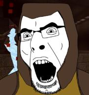 angry clothes glasses helmet lightning open_mouth quake quake_(game) ranger ranger_(quake) shambler shooter soyjak stubble variant:cobson video_game yellow_shirt // 800x848 // 402.9KB