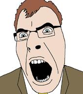 angry blue_eyes brown_hair clothes glasses hair jonathan_bowden necktie open_mouth soyjak suit variant:cobson white_skin // 721x815 // 62.3KB