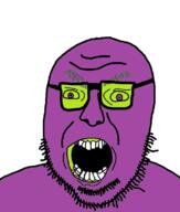angry crooked_teeth glasses glurple green_eyes open_mouth purple_skin soyjak stubble variant:volcanojak // 677x799 // 110.4KB