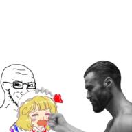 anime blood bruise closed_mouth crying ear fist flandre_scarlet gigachad glasses hand holding_object nas:gigachad punch smile smug soyjak stubble subvariant:soyak_(smug) touhou variant:soyak video_game yellow_hair // 1152x1152 // 439.5KB