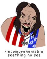 american_flag amerimutt arrow balding big_lips brown_skin chud long_hair open_mouth racism seething star_of_david stubble teeth text tranny variant:angry_soyjak yellow_scerla // 582x725 // 170.0KB