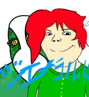 2soyjaks anime clothes glasses green hierophant_green japanese_text jojos_bizarre_adventure kakyoin_noriaki red_hair soyjak stand_(jojo) stubble subvariant:shoyta variant:gapejak variant:shotjak yellow // 977x1065 // 236.2KB