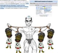 2023 2024 4soyjaks angry arabic_text arm bloodshot_eyes bomb brown_skin buff closed_eyes closed_mouth crescent crying dead deformed glasses hand hanging hezbollah islam israel lebanon leg muscles nails open_mouth rope sandals september september_23 smile smug star star_and_crescent star_of_david subvariant:chudjak_front suicide_bomber tongue tunic turban unibrow variant:bernd variant:chudjak yellow_teeth // 3800x3500 // 3.7MB
