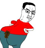 angry arm closed_mouth clothes full_body glasses hair hand leg poop shart_in_mart soyjak tshirt variant:chudjak // 492x524 // 63.3KB