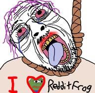 amphibian animal bloodshot_eyes closed_mouth clothes crying frog glasses hair hanging heart i_love mustache nas:pepe open_mouth pepe_the_frog purple_hair reddit rope soyjak stubble suicide text tired tongue tranny variant:bernd wrinkles yellow_teeth // 726x711 // 462.9KB