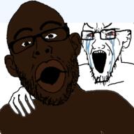 2soyjaks black_skin bloodshot_eyes buck_breaking clothes crying ear glasses hand open_mouth sex soyjak stubble subvariant:hellnojak variant:cryboy_soyjak variant:nojak // 509x510 // 124.6KB