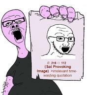 2soyjaks arm clothes fat glasses hand holding_object lust_provoking_image open_mouth paper purple_skin soyjak stubble text tshirt variant:a24_slowburn_soyjak variant:soyak // 573x615 // 255.2KB