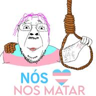 ack beard friendship glasses lipstick mustache noose pink_hair portuguese_text red_lips rope smile stubble teeth teeth_showing text tranny transgender_flag transheart troon variant:bernd white_background // 1956x1952 // 498.2KB