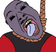 ack alien anime black_sclera clothes death dragon_ball dragon_ball_super grey_alien hanging jiren looking_up mustache noose purple_skin rope soyjak suicide tongue tranny white_pupils yellow_teeth // 768x719 // 53.5KB