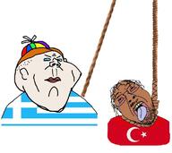 2soyjaks blue_eyes brown_hair brown_skin closed_mouth clothes country ear flag flag:greece flag:turkiye glasses greece hair hanging hat mustache open_mouth propeller_hat rope soyjak stubble subvariant:kranos tongue turkiye variant:bernd variant:impish_soyak_ears white_skin // 775x692 // 51.9KB