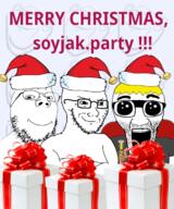badge closed_mouth clothes glasses multiple_soyjaks nate oh_my_god_she_is_so_attractive open_mouth present santa_hat smile smug soyjak_party stubble subvariant:el_perro_loco text variant:el_perro_rabioso variant:gapejak variant:impish_soyak_ears variant:soyak yellow_hair // 1000x1201 // 818.0KB