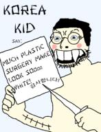 asian blue_eyes blush full_body glasses hair half_open_mouth hangul_text holding_object hybrid knife korean_text scar sign south_korea soyjak stubble teeth variant:cobson variant:soykio_kid white_skin // 989x1293 // 109.1KB
