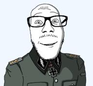 closed_mouth clothes collar_tabs epaulettes glasses iron_cross looking_at_you medal military military_uniform nazism schutzstaffel soyjak stubble variant:punkjak world_war_2 // 730x674 // 20.3KB