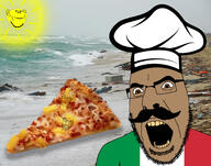 4soyjaks beach black_skin chef chef_hat flag:italy food glasses italy mustache open_mouth pineapple pizza soyjak stubble sun teeth trash variant:cobson variant:feraljak variant:impish_soyak_ears // 1500x1179 // 474.3KB