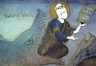 animal arm art christianity classical_art_parody closed_mouth clothes eating glasses greek_text halo hand history holding_object jonah_(prophet) judaism monster religion robe sad scroll soyjak subvariant:wholesome_soyjak teeth text variant:gapejak whale // 1506x1024 // 3.0MB