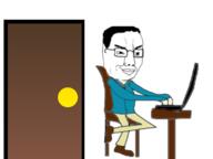 arm closed_mouth clothes computer door drawn_background full_body glasses hair hand laptop leg sitting smile smug soyjak variant:chudjak // 1440x1080 // 236.0KB