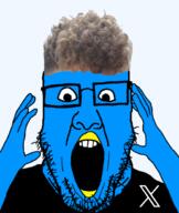 blue_skin glasses hand hands_up mouth_open series:x_inmigrants subvariant:ppplier twitter variant:markiplier_soyjak variant:ppp x xitter zoomer zoomer_hair // 518x615 // 139.4KB