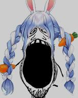 animal_ears anime blue_hair bowtie carrot deformed glasses hololive open_mouth pekora rabbit_ears soyjak stretched_mouth stubble variant:markiplier_soyjak vtuber // 522x654 // 29.4KB