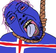 bloodshot_eyes blue_skin crying flag:iceland glasses hanging iceland icelandic open_mouth pol_(soyjak_party) purple_hair rope soyjak stubble tranny variant:bernd // 768x719 // 35.2KB