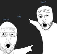 2soyjaks beard black_background c_(programming_language) coding glasses int_(4chan) open_mouth pointer pointing programming reddit_meme soyjak variant:two_pointing_soyjaks // 650x612 // 44.0KB