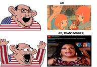 advertisement amerimutt arm balding brown_skin clothes country ear eyes_popping flag glasses hair hand hands_up mcdonalds merge nigger open_mouth soyjak stubble subvariant:waow tongue trans united_states variant:soyak // 1127x780 // 673.9KB