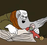 3soyjaks babyjak beard book caca classical_art_parody food fruit glasses grandpa hand old open_mouth pacifier painting pointing small_eyes subvariant:wholesome_soyjak traced variant:gapejak variant:impish_soyak_ears variant:soyak // 780x749 // 81.4KB
