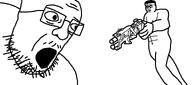 2soyjaks angry chud glasses gun hair holding_gun imminent_death muscular_male open_mouth optimus_prime scared screaming sentinel_prime shotgun soyjak stubble template traced transformers variant:chudjak variant:sentineljak variant:unknown white_background // 1918x851 // 23.4KB