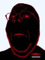 CrimsonVoidHydra1488_(user) angry artist:crimsonvoidhydra1488 black_sclera black_skin frown glasses hello_my_name_is_(sticker) name_tag red_eyes red_outline self_insert soyjak variant:gapejak // 750x1000 // 28.8KB