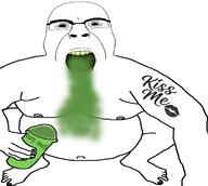 burp fat holding_object open_mouth soyjak squatting stinky_mouth subvariant:cobson_front2 subvariant:kisson tattoo variant:cobson // 2474x2217 // 505.4KB