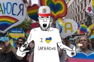 clothes flag gay glasses hat hohol i_heart i_heart_nigger i_love i_love_nigger irl irl_background lgbt nazism open_mouth penis pride russia sign sonnenrad soyjak stubble swastika tranny ukraine variant:shirtjak zoomer // 833x553 // 820.7KB