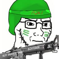 closed_mouth clothes combat_helmet face_paint glasses green gun hat helmet makeup military qa_(4chan) soyjak stubble subvariant:soyak_(irritated) variant:soyak // 378x378 // 107.3KB