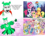 4chan 4cuck anime applejack brown_troonjak doremi fluttershy glasses green_hair hair meta:tagme meta:tagme_(character_name) my_little_pony ojamajo_doremi open_mouth pedophile pinkie_pie ponies pony rainbow_dash rarity_(my_little_pony) smile soyjak twilight_sparkle variant:feraljak yotsoyba // 687x546 // 539.9KB