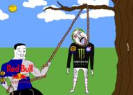 3soyjaks ack acne arm award awards black_shirt bloodshot_eyes bulging_eyes chad clothes cloud discord energy_drink grass green_hair hair hairy hand hanging happy lynching monster monster_energy muscles muscular_male mustache noose purple_hair red_bull red_hair redbull rope sky subvariant:wholesome_soyjak sun thigh_highs tongue tongue_out tranny tree variant:bernd variant:chudjak variant:gapejak // 2100x1500 // 619.3KB