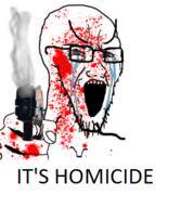 aiming_at_viewer angry blood blood_on_face blood_splatter bloodshot_eyes crying firearm glasses gun hand holding_gun holding_object holding_pistol its_over murder open_mouth pistol soyjak stretched_mouth stubble text variant:soyak weapon // 288x332 // 70.4KB