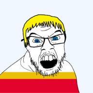 blue_eyes clothes country flag flag:lesser_poland glasses hair lesser_poland mustache open_mouth poland soyjak stubble teeth transparent transparent_background variant:feraljak voivodeship yellow_hair // 1500x1500 // 44.5KB