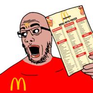 amerimutt black_sclera brown_skin glasses hand lips mcdonalds menu soyjak stubble variant:comicjak // 800x800 // 191.3KB