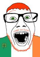 clover country flag flag:ireland glasses green_eyes hair ireland mustache open_mouth orange_hair soyjak stubble variant:punkjak // 918x1306 // 52.8KB
