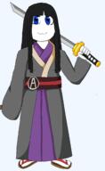 arm avengers black_background blue_eyes clothes full_body hand holding_object long_hair robe sandals sword variant:soytan // 1352x2196 // 135.4KB