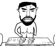 5soyjaks arm beard chair chest_hair ear glasses hair hand lightbulb lips looking_at_you millions_must_die nipple objectsoy open_mouth pointing shirtless soyjak stubble stunt subvariant:chudjak_front super_humman variant:chudjak variant:nojak wood // 1103x931 // 148.9KB