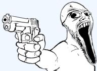 angry bald deformed distorted glasses gun holding_gun holding_object holding_pistol looking_to_the_left monochrome open_mouth pistol soyjak stretched_mouth stubble transparent_background variant:brimcritic // 986x720 // 138.5KB