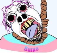 bloodshot_eyes bumo crying deformed glasses hanging mustache purple_hair soyjak stubble text tongue tranny trend:slopjak variant:bernd // 768x719 // 558.3KB