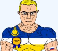 arm award blue_eyes buff buryatia christianity closed_mouth clothes eastern_orthodox flag flag:buryatia flag:russia glasses hair lake lake_baikal orthodox_cross russia soyjak subvariant:chudjak_front subvariant:muscular_chud text transparent transparent_background tshirt variant:chudjak vein yellow_hair // 1059x929 // 68.6KB