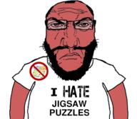 angry arm beard closed_mouth clothes glasses heart i_hate implied_autism jigsaw_puzzle punisher_face red_skin soyjak subvariant:science_lover text tshirt variant:markiplier_soyjak // 970x850 // 455.0KB