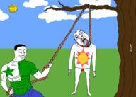 3soyjaks arm bloodshot_eyes buff closed_mouth clothes crying drawn_background ear esperanto flag flag:esperanto flag:novial full_body glasses grass hand hanging holding_object holding_rope irl jeans leg lynching neovagina noose novial open_mouth outdoors rope smile smug soyjak stubble subvariant:wholesome_soyjak sun tongue tree variant:bernd variant:chudjak variant:gapejak yellow yellow_skin yellow_teeth // 2100x1500 // 164.1KB