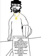 arm beard closed_mouth clothes copypasta downvote glasses hand hat holding_object incel israel judaism mustache nazism palestine paper smug terrorist text variant:bartender war // 882x1200 // 75.1KB
