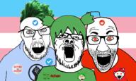 4chan 4cuck 5soyjaks angry anime antenna badge black_lives_matter clothes flag glasses green_eyes green_hair hair mustache open_mouth racism raised_fist_(symbol) red_eyes reddit redditard soyjak stubble tranny twittard twitter twitter_checkmark variant:a24_slowburn_soyjak variant:el_perro_rabioso variant:feraljak variant:snoojak yellow_teeth yotsoyba // 1208x726 // 447.6KB