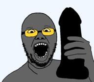 arm dildo glasses hand holding_dildo holding_object nsfw open_mouth soot_colors soyjak stubble variant:selfiejak // 586x511 // 12.3KB