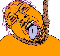 ack bloodshot_eyes crying death glasses hair hanging looking_up mustache noose open_mouth orange orange_skin purple_hair rope series:gigachadhero's_colorful_troonjaks soyjak stubble suicide tongue tongue_out tranny variant:bernd white_background yellow_teeth // 768x719 // 29.7KB