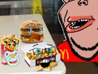 4soyjaks amerimutt angry baby caca closed_mouth crying eating food foodjak fries fry glasses green_eyes hamburger its_over mcdonalds nugget open_mouth sad soyjak stubble subvariant:impish_amerimutt text variant:feraljak variant:gapejak variant:impish_soyak_ears // 959x718 // 576.2KB